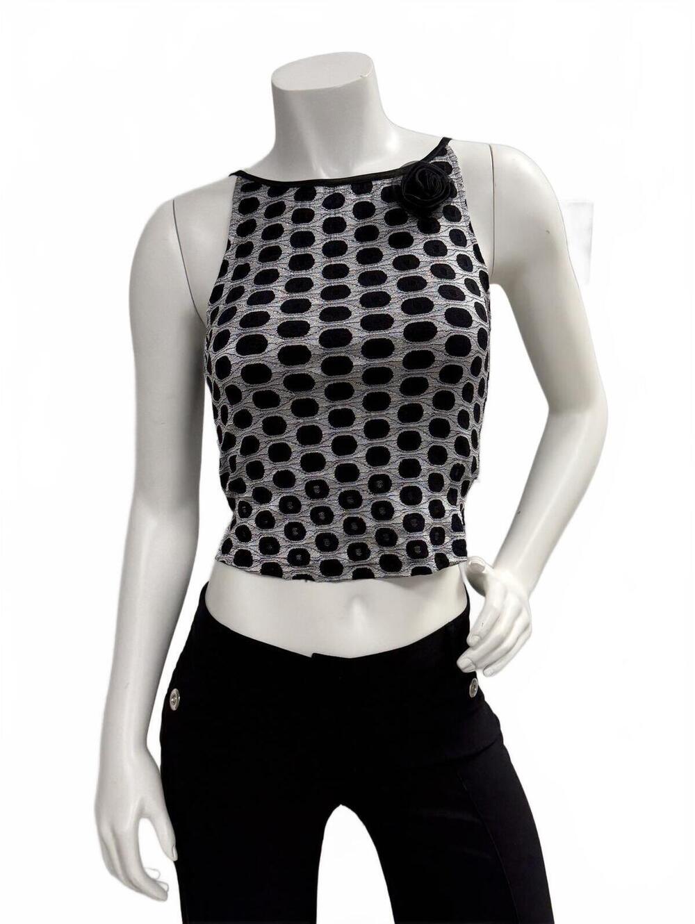 SSADA USA Black Gray Polka Dot Sleeveless Top Floral Pin Accent Textured Size S